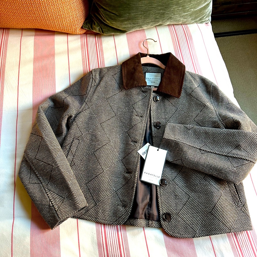 Bagatelle Brown & Cream Plaid Cropped Jacket with Suede Collar